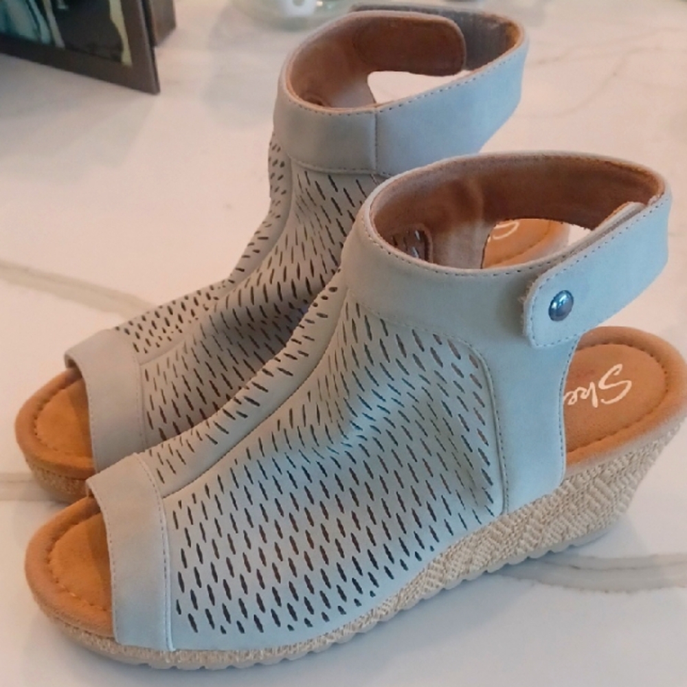 Skechers Monarch Blue Nights Canvas Wedge Sandals Size